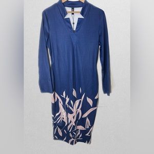 STYLEWE Long Sleeve Midi Length V Neck Dress Womens Large Blue and Tan NWT